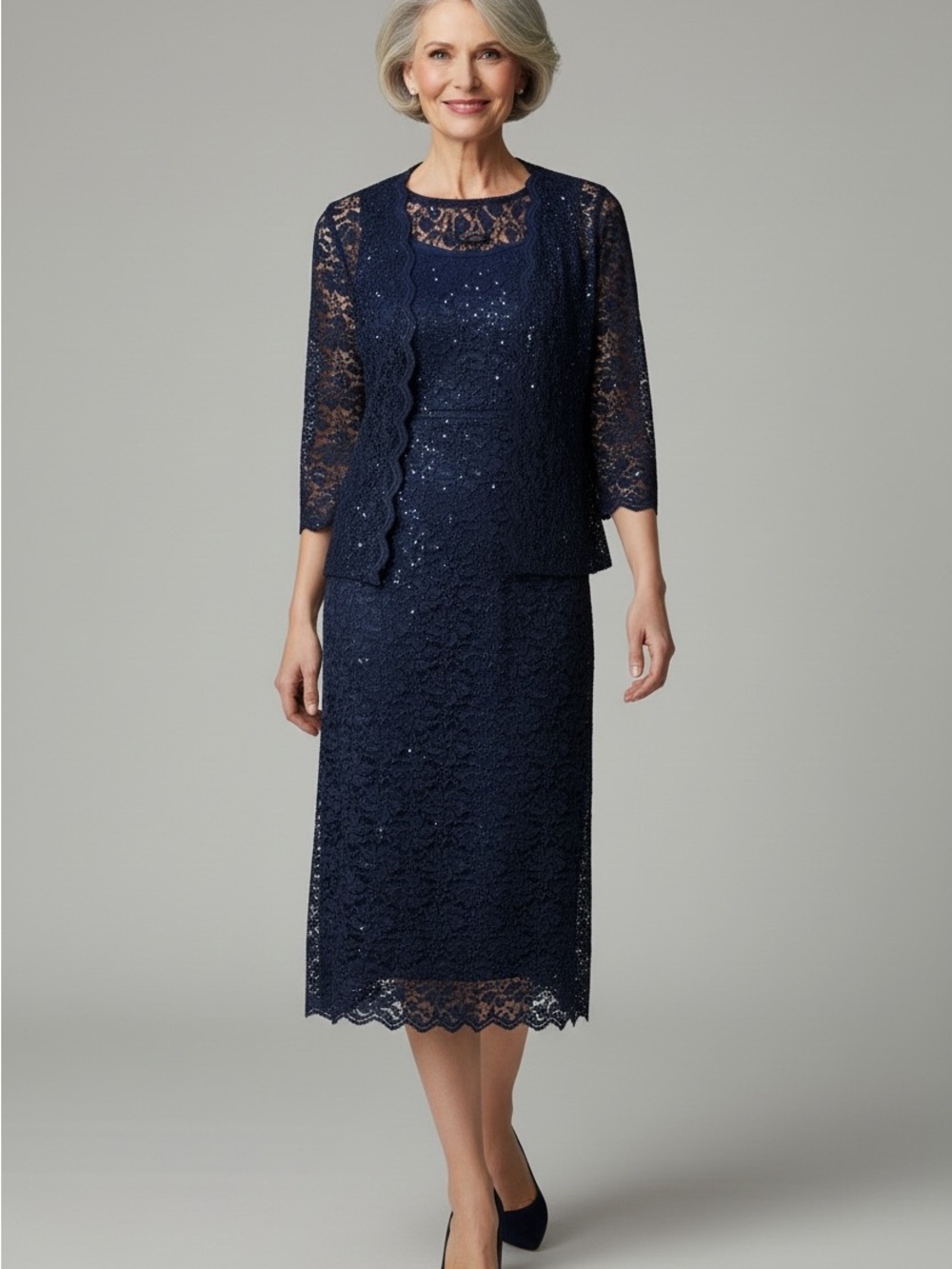 2 Piece Navy Sequin Lace Scoop Neck Sheath Dress